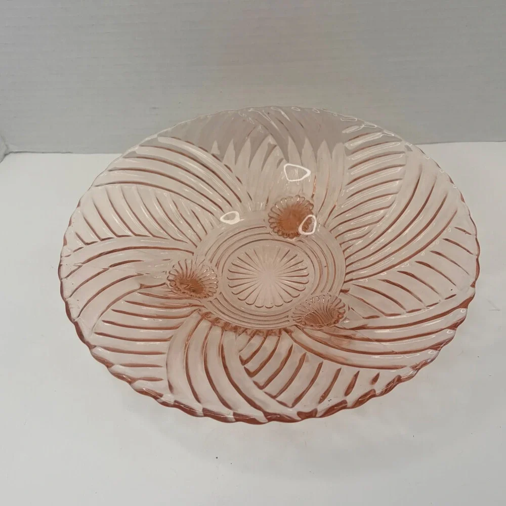 Vintage Pink Depression Glass Swirl Footed Bowl 10.5 Inch Scalloped Centerpiece